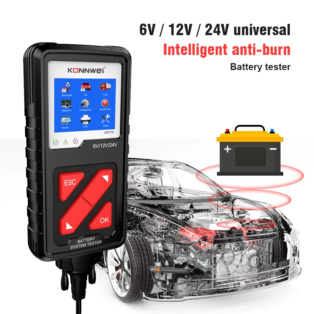 

KW710 Motorcycle Car Truck Battery Tester 6V 12V 24V Battery Analyzer 2000 CCA Charging Cranking Test Tools for the Car