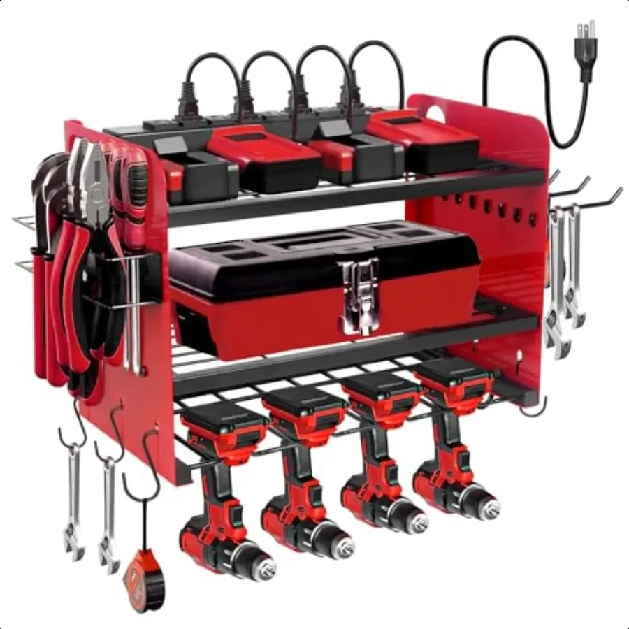 

Garden Power Tool Organizer Heavy Duty Tools Storage Rack Wall Mount with Charging Station 3 Layers Yard Tool Shelf Drill Holde