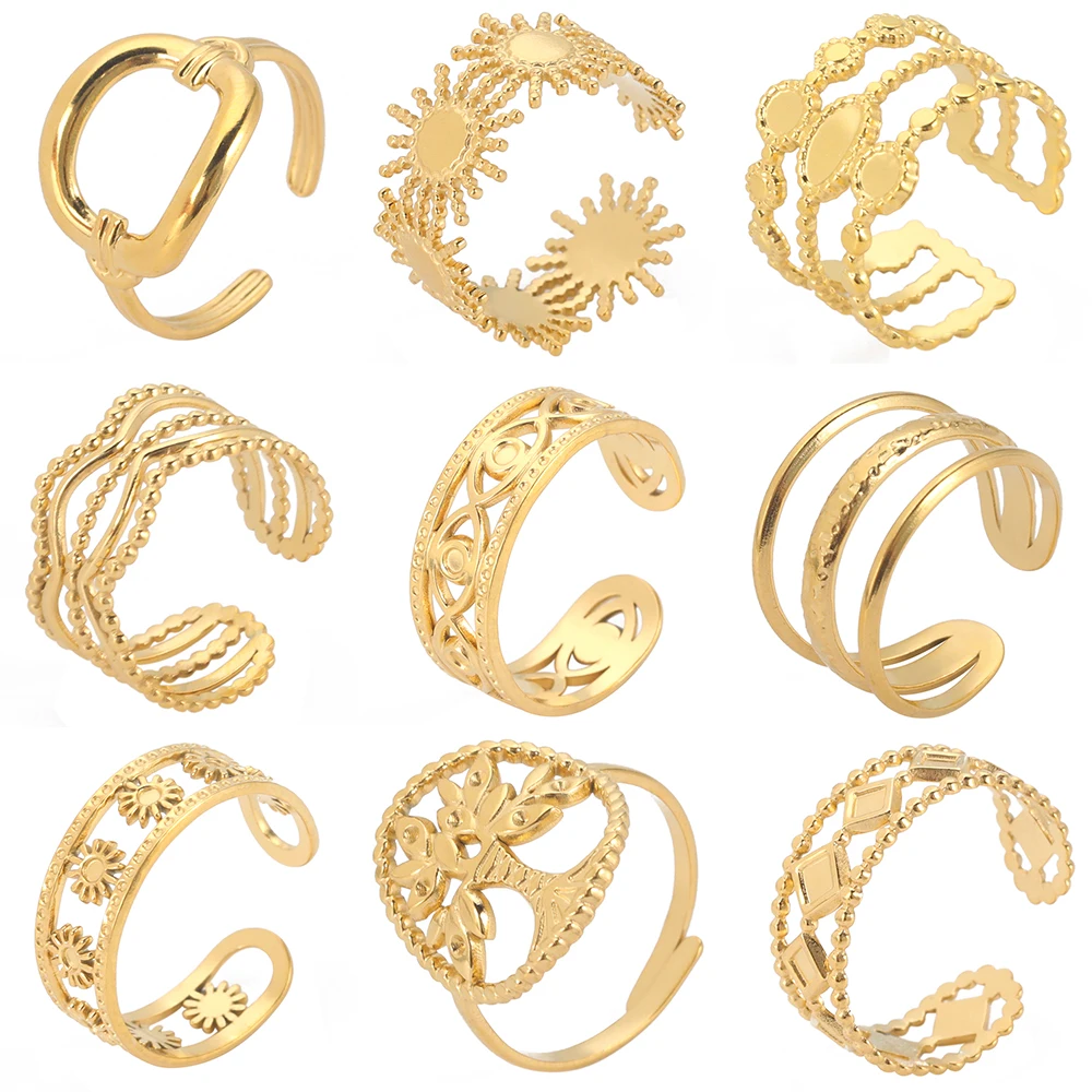 Stainless Steel Gold Color Adjustable Ring Geometric Sun Tree Of Life Open Finger Rings Jewelry Mother Day Gift Wholesale