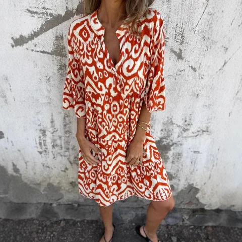 فضفاض عادية بوهو فستان مُزين بطباعة موضة الخامس الرقبة نصف كم مطوي ألف خط فساتين الربيع عطلة نمط الملابس النسائية