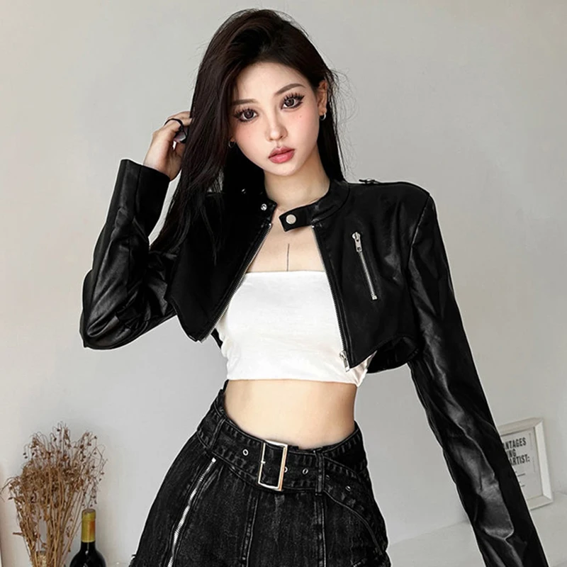 Black Pu Leather Jacket Women Sexy Cropped Harajuku Y2K Biker Riding Suit Tops Slim High Street Racing Zipper Chic Coat