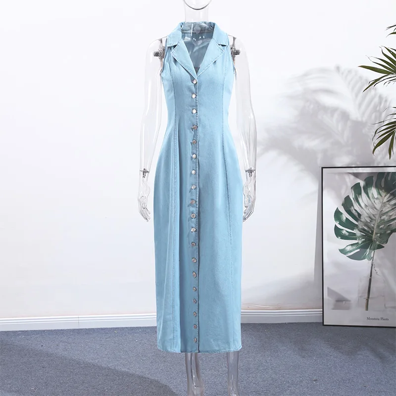 Elegant Women's Sleeveless Denim Maxi Dresses With Long-Button Trendy Wash Blue Slim Fit Dress
