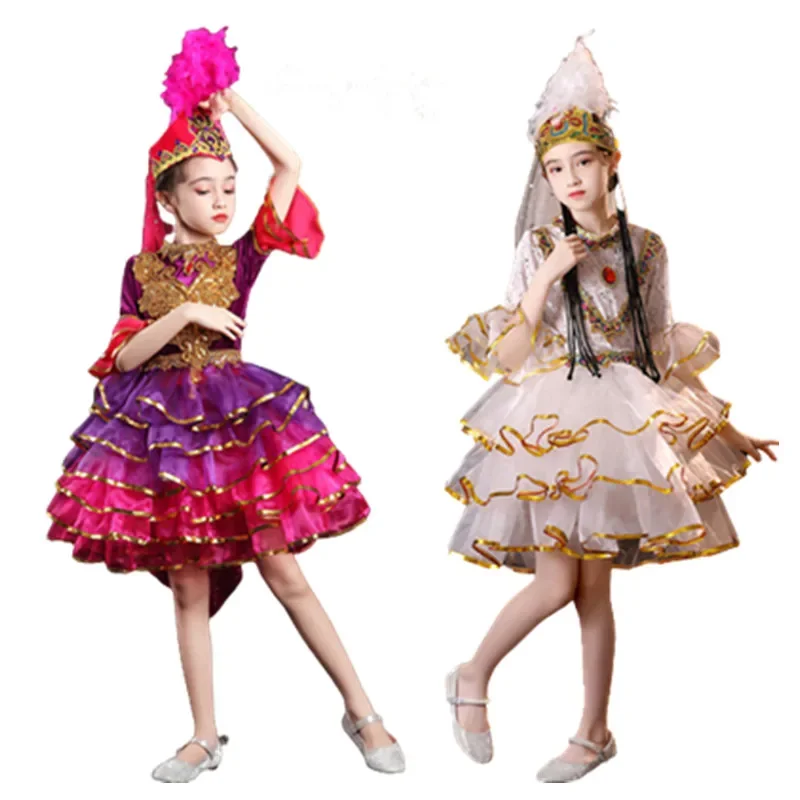 女の子のためのxinjiang-uygur-kazakhの民族衣装、ヴィンテージロイヤルプリンセスダンスウェア、ハロウィーンのコスプレ、学校のパフォーマンス