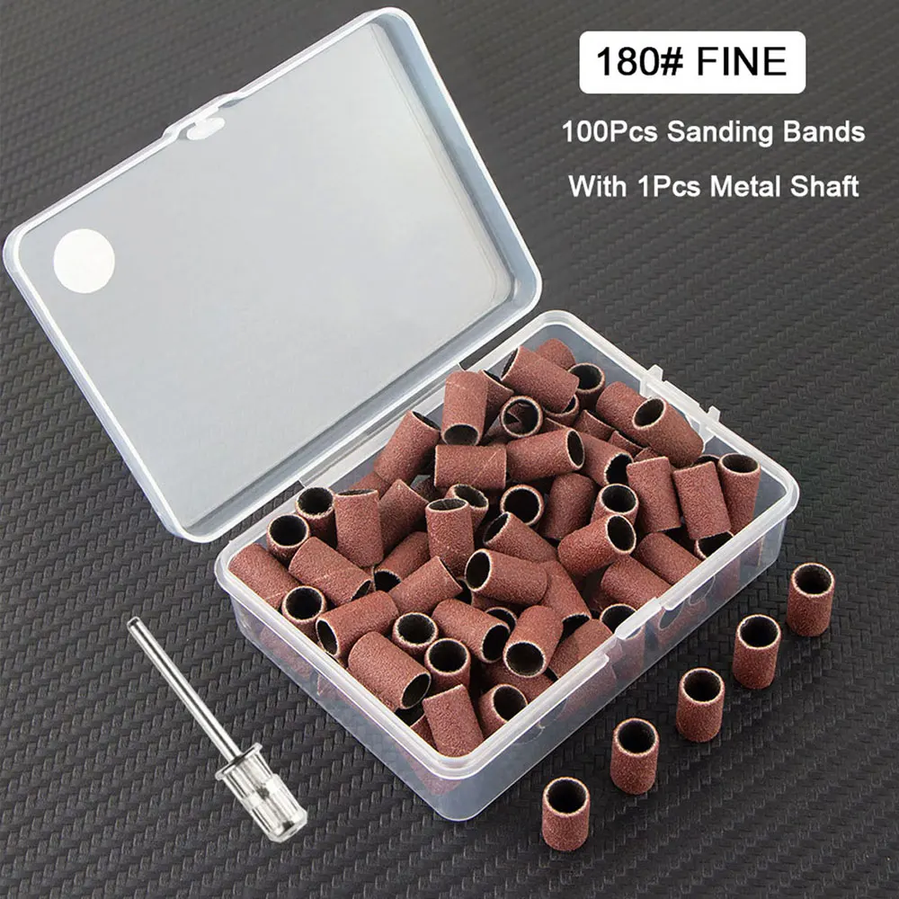 100 قطعة العصابات الرملي مع 1 قطعة رمح معدني مجموعة مسمار لقمة ثقب لإزالة هلام طلاء الأظافر الجلد الميت النسيج القاطع مثقاب الخشب