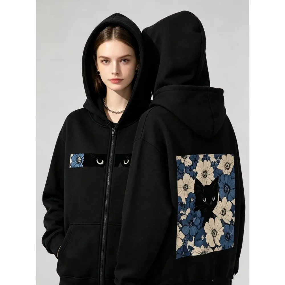 Image of Herren-Hoodie mit Katzenaugen-Grafik in Schwarz, Oversized Winter-Fleece-Sweatshirt mit Blauem Blumenmuster, Lässige Streetwear