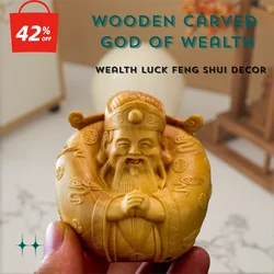 Wooden Carved God of Wealth figurines Chinese Mythological Characters Home Room Office Car Wealth Luck Feng Shui Decor gift
