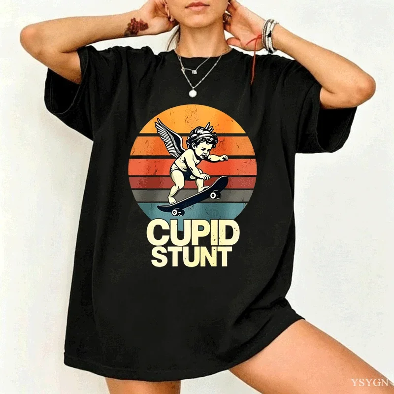 Cupid Stunt Graphic Print T-shirts Women Clothing Summe Casual Fashion Funny Meme Oversize O-Neck Short Sleeve Tops T-shirts