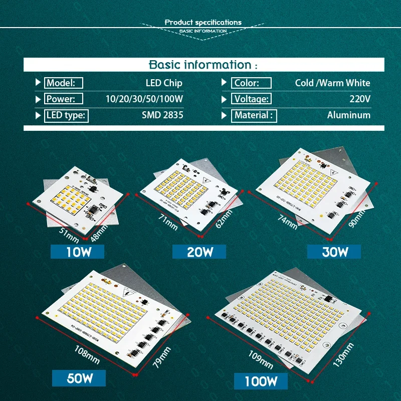 10pcs/lot LED Chip Light 220V 240V 10W 20W 30W 50W 100W Led Beads SMD 2835 Smart IC Led Lamp for DIY Floodlight Outdoor Lighting