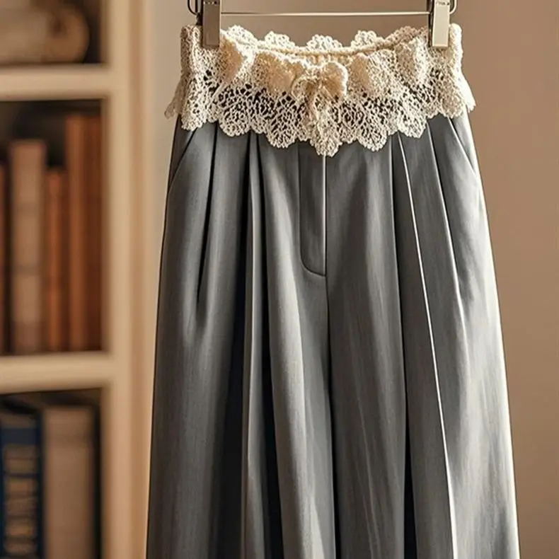 Gray lace high-waisted sports wide-leg straight-leg pants children's new spring small wear women y2k pants