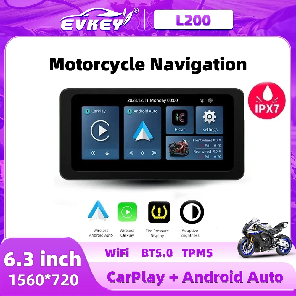 

EVKEY 6.3 inch Portable Motorcycle LCD Display GPS IPX7 Waterproof For Wireless Apple CarPlay&Android Auto