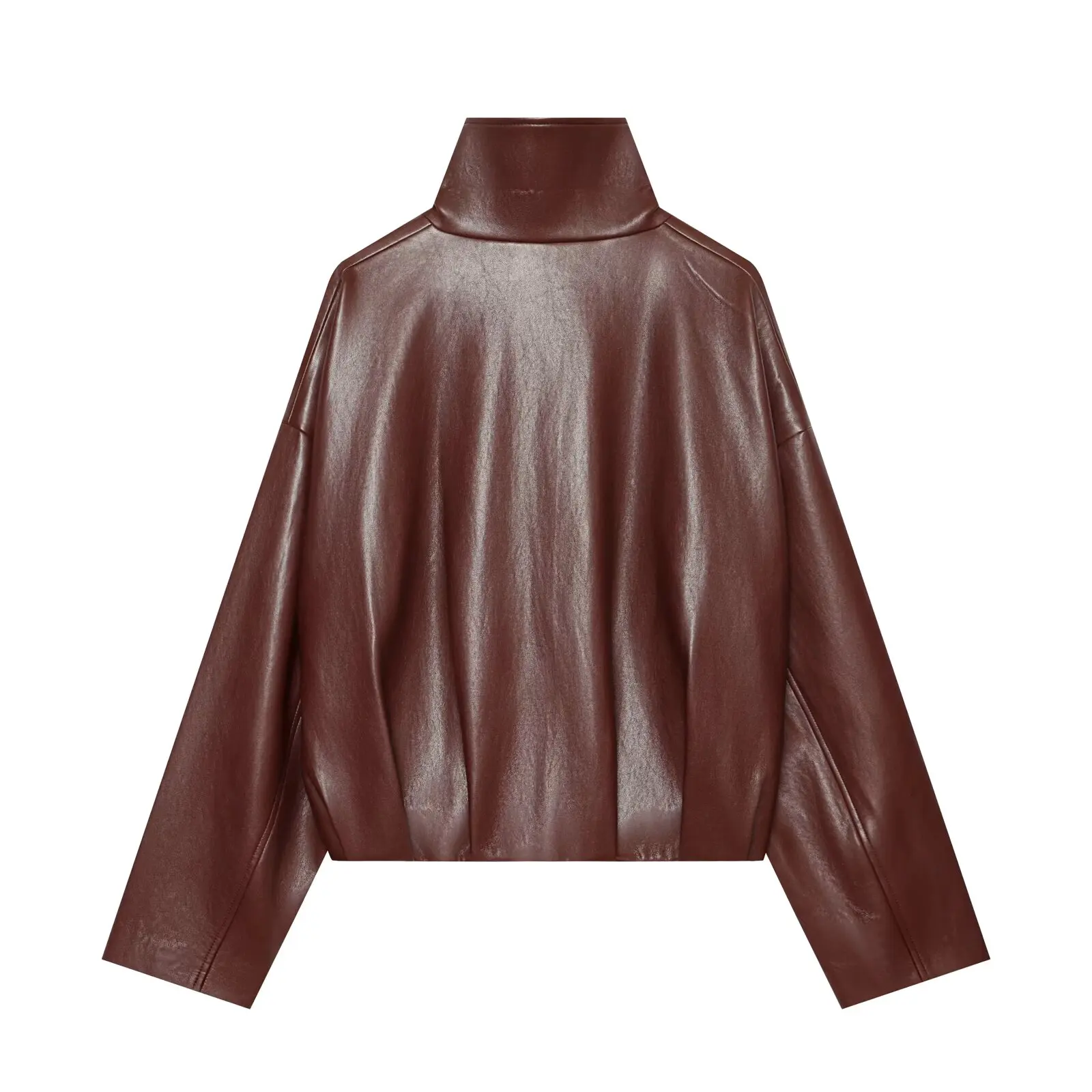 BSAY Retro Streetwear Women New Stand Collar Faux Leather Cropped Jacket Full Zip Loose Long Sleeve Pleated Waist Moto Outerwear