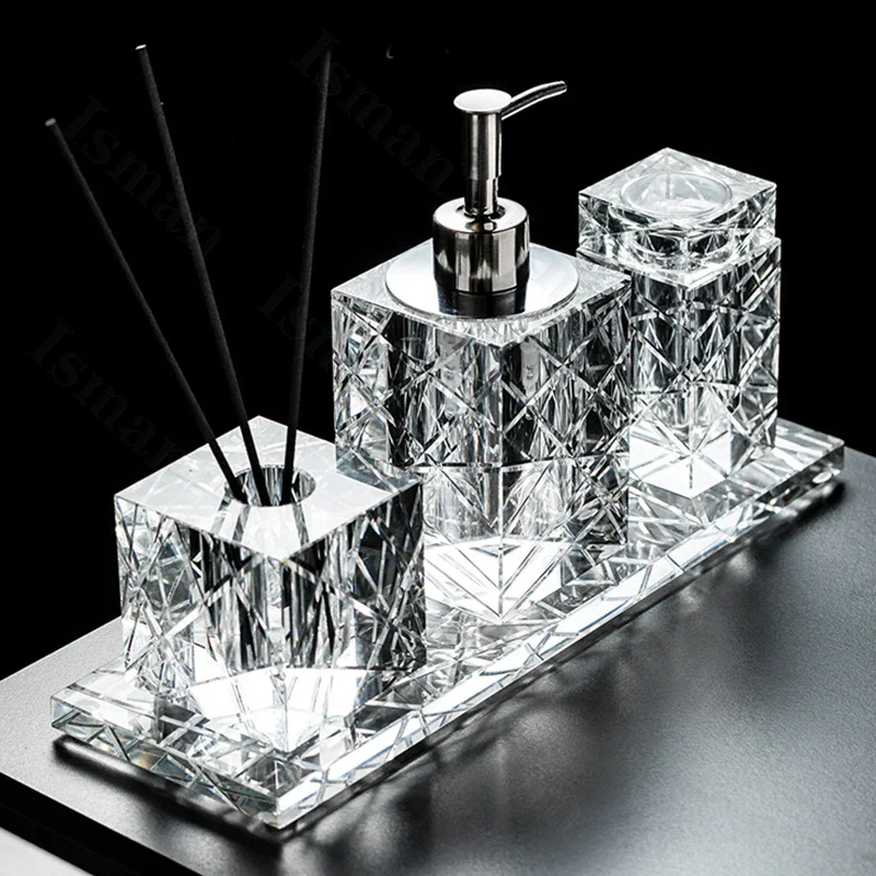 High End Crystal Glass Bathroom Accessories Set Cutting Texture Soap Dispenser Cotton Swab Jars Decorative Tray Bathroom Decor