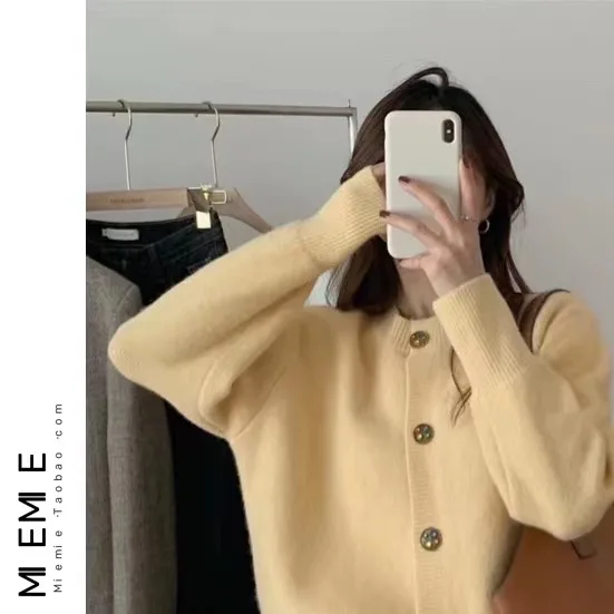 

Ele Pure Color Women's Spring Sweater Cardigan with Gemstone Buttons Faionable Commute Sle Long Sve round Ne