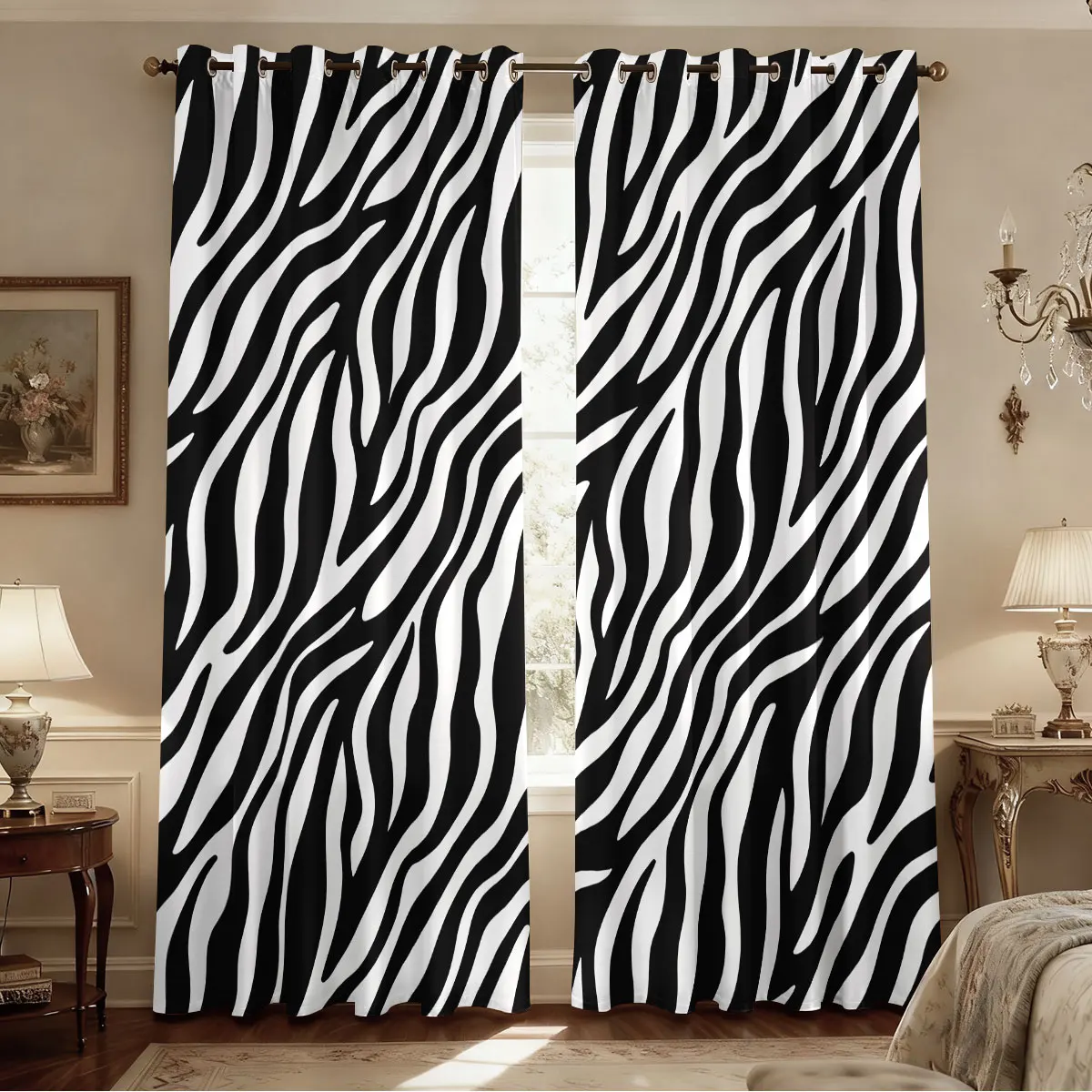 2 Stück perforierte Verdunkelungsvorhänge mit schwarz-weißer Zebra-Textur in verschiedenen Größen für die Dekoration von Wohn- und Schlafzimmern