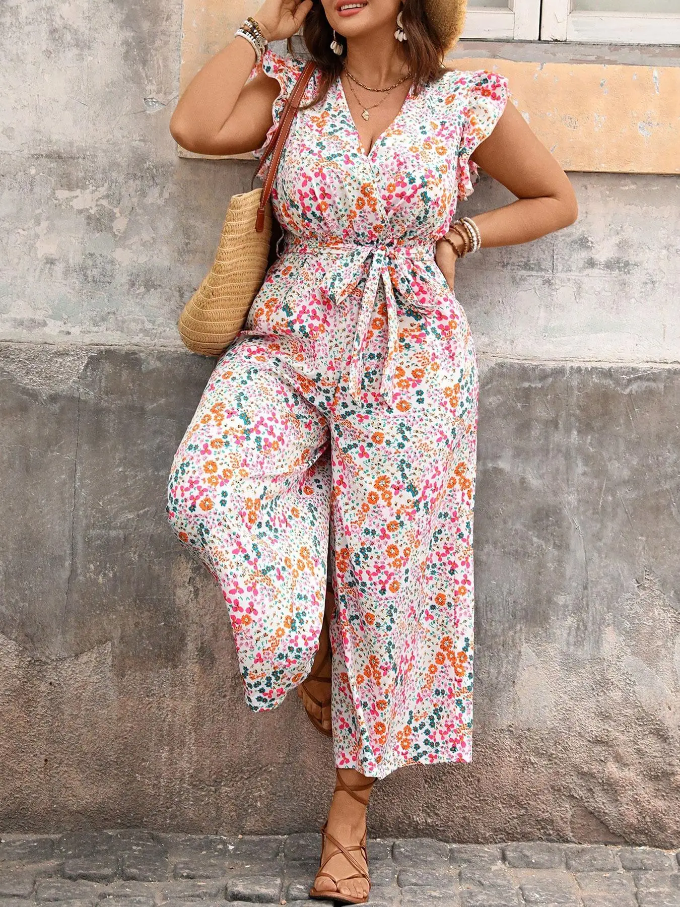 

【Plus Size】Floral Print Tie Shoulder Jumpsuit, Casual Wide Leg Jumpsuit for Vacation Holiday, Women's Plus Clothing for Summer