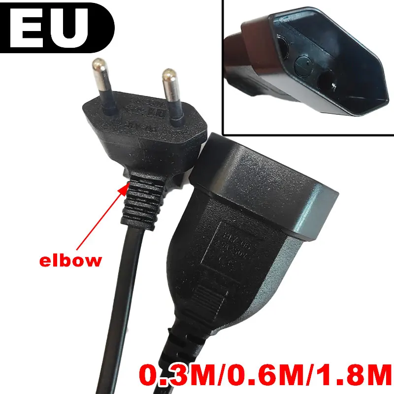 

European EU 2 Prong Male to Female Power Extension Cord Cable for PC Computer PDU UPS 0.3M/0.6M/1.8M