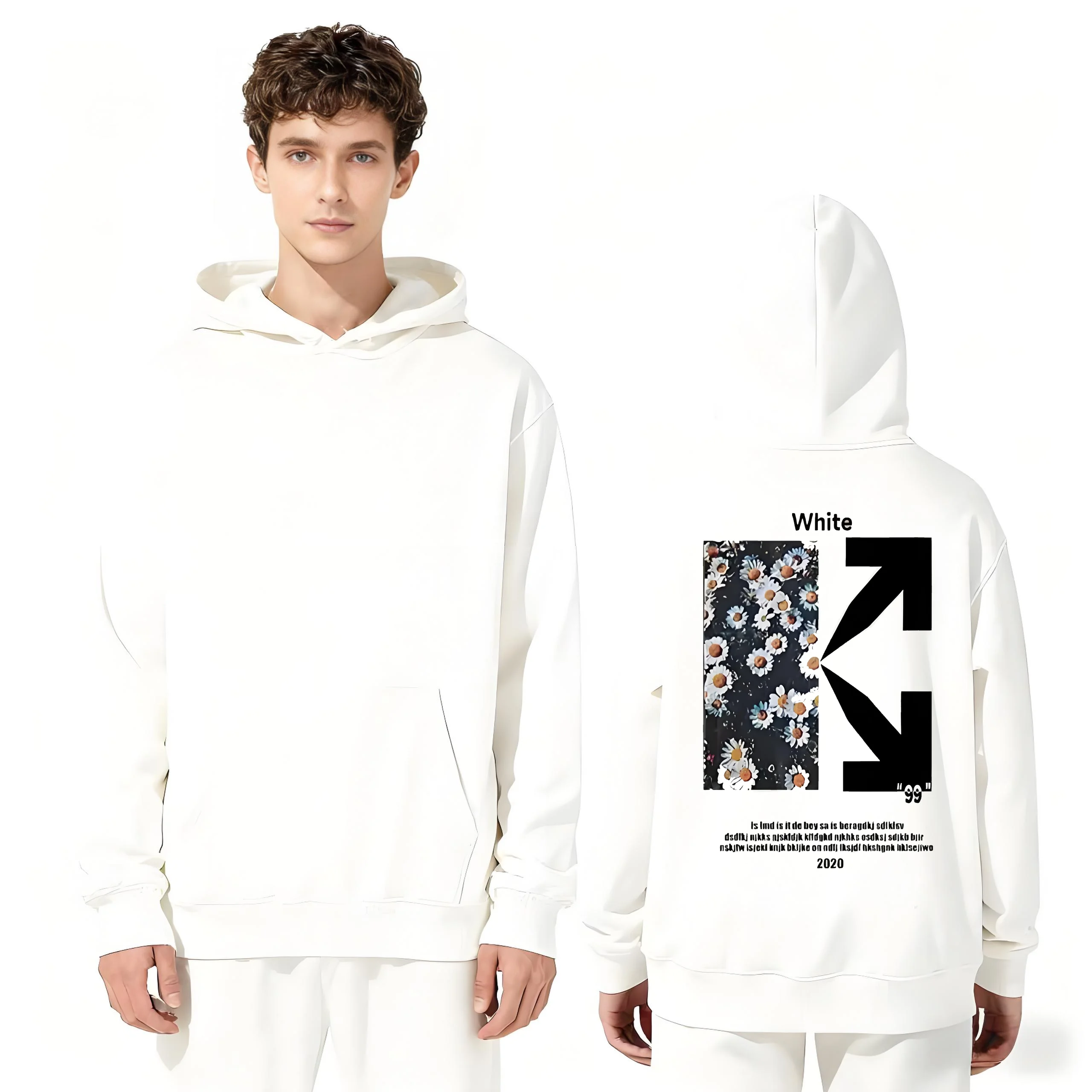 

2025 Новая модная толстовка с капюшоном 330 г, удобная повседневная толстовка унисекс с принтом белой ромашки спереди и сзади