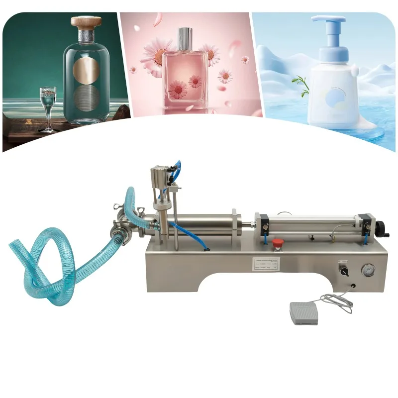 100-1000ML Horizontal Pneumatic Liquid Filling Machine 40 Bottles/min Single Head Liquid Bottling Filler w/Foot Switch&Barometer