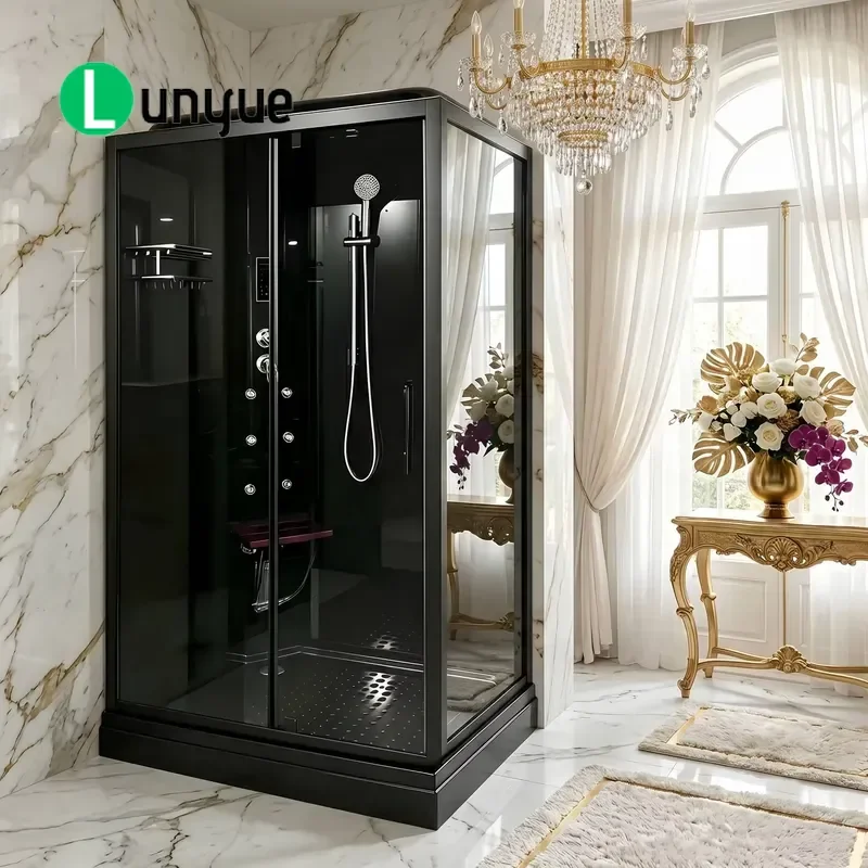 CE Certified Black Aluminum Frame Corner Shower Enclosure with Sliding Door Tempered Glass ABS Tray for Hotel Bathroom