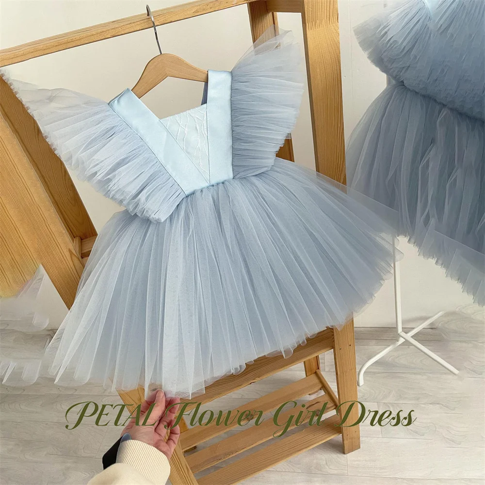 Petal Light Sky Blue Children Birthday Wedding Dresses Oversized Back Bow First Communion Gown Short Sleeve Girls Princess Dress