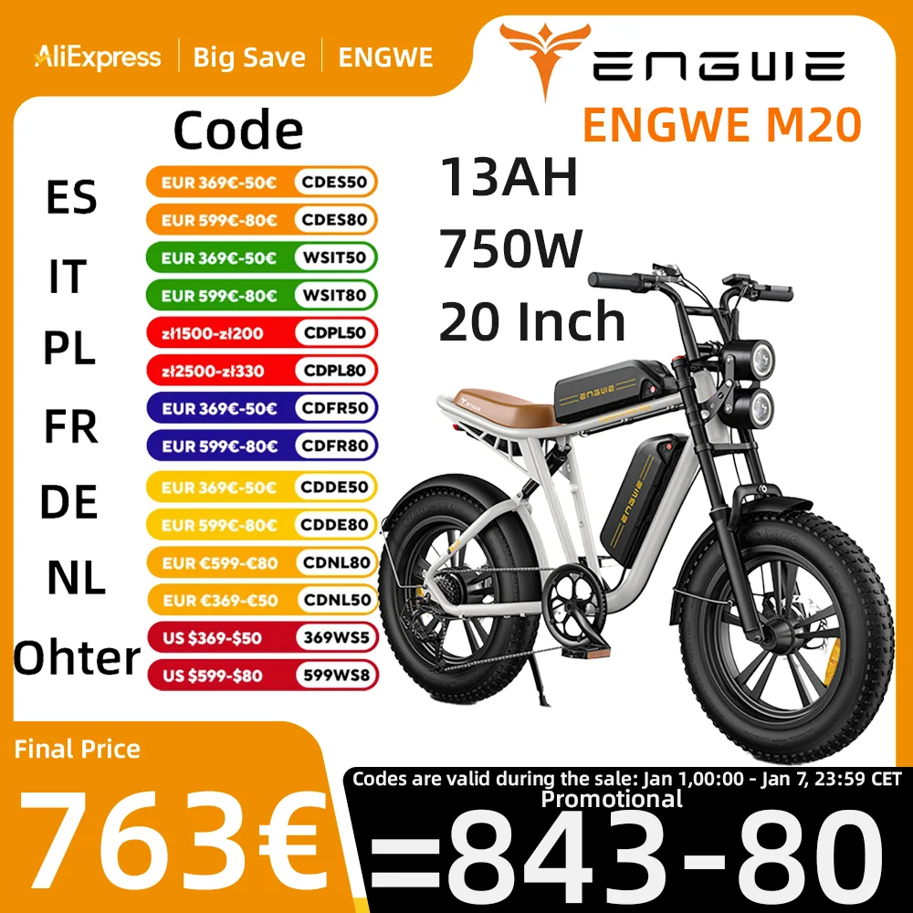 ENGWE M20 City Electric Bicycle 750W 48V13AH Max Speed 45KM/H Electric Bicycle 20*4.0 Inch Fat Tire Mountain Off-road E-Bike