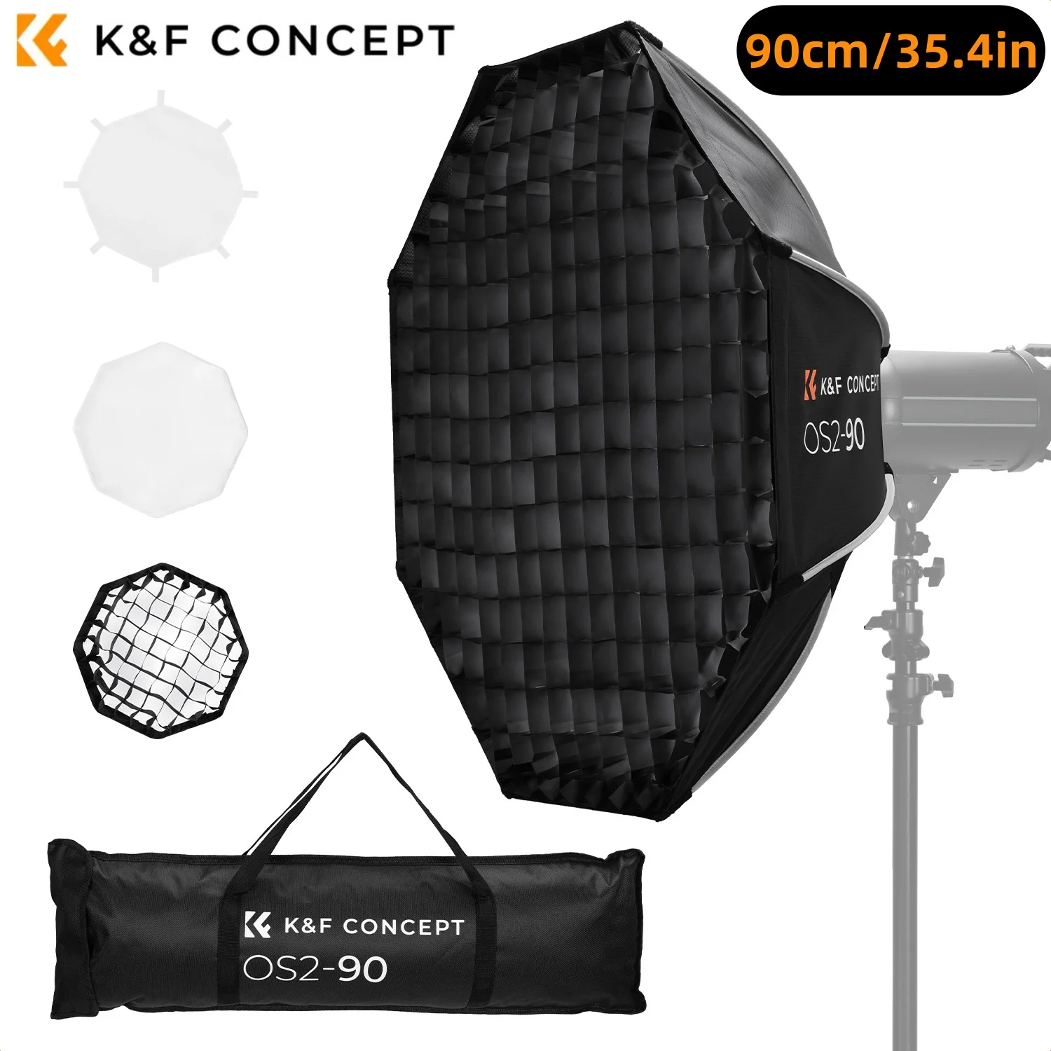 K&F CONCEPT 90cm/65cm Octagonale Softbox met Quick Release Bowens Mount, Honeycomb Grid en Lichtdiffusoren voor Fotografie Studio