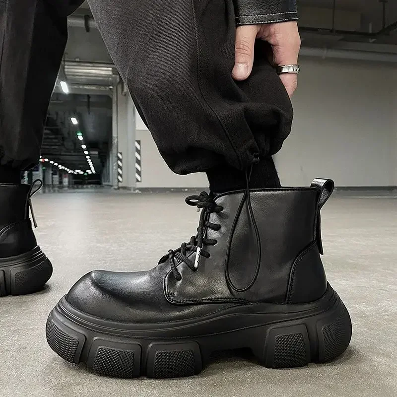 2024 New 7cm Thick Bottom Extra Height Black Men's Minority All-Match British Motorcycle Leather Boots