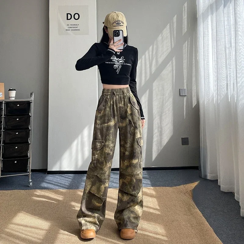 Camouflage Cargo Pants Women Autumn Casual High Waist Loose Versatile Wide Leg Sweatpants Fashion Full Length Trousers Female