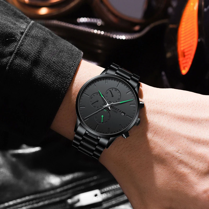 NIBOSI-reloj analógico de acero inoxidable para hombre, accesorio de pulsera de cuarzo resistente al agua con cronógrafo, complemento Masculino de marca de lujo en color negro