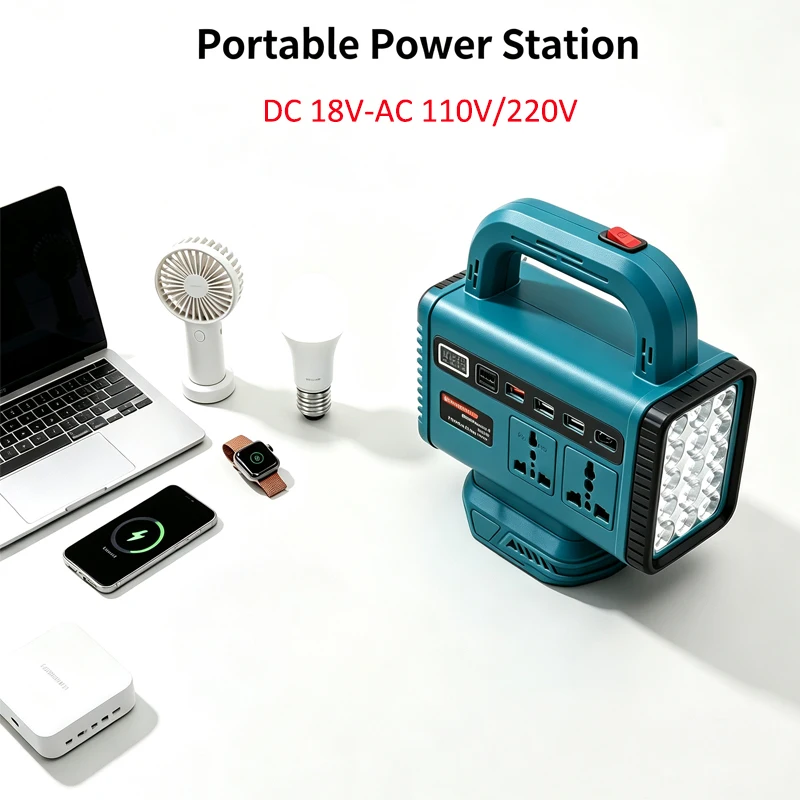 Upgrade 220V Portable Smart Inverter for Makita/Milwaukee/Dewalt 18V-20V Li-ion Battery with USB Type-C 2AC Port Outdoor camping