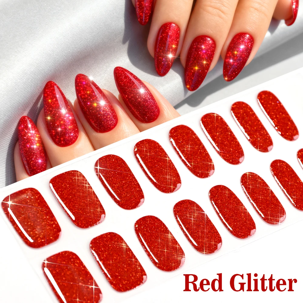 16Glossy Glitter Red Semi-Cured Gel Nail Stickers With Nail Files Shiny Red Long-Lasting Nail Strips UV Gel Nail Extension Decal