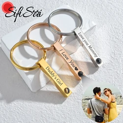 Sifisrri Custom Memorial Photo Projection Bar Keychain for Women Men Stainless Steel Picture Engrave Text Key Ring Jewelry Gift