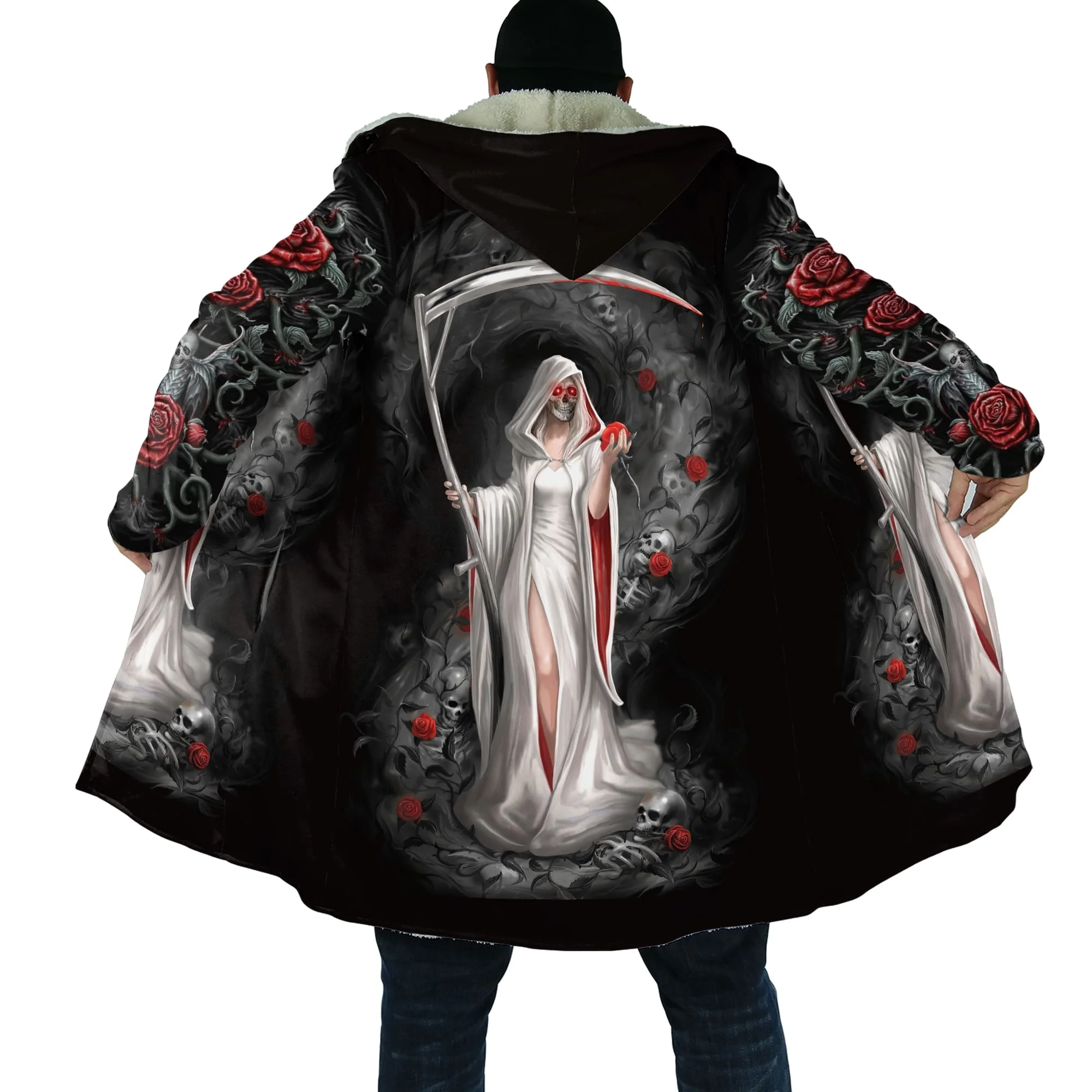 PLstar Cosmos Mens Cloak Reaper Skull Tattoo 3D All Over Printed Fleece Hooded Cloak Unisex Casual Thick Warm Cape coat PF70