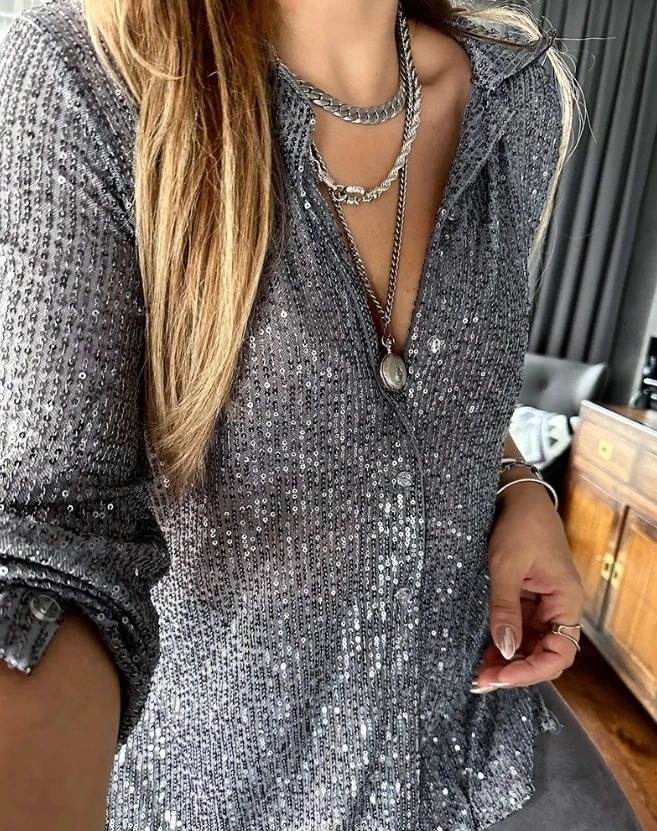 Fashion Woman Blouse 2024 Spring Allover Sequin Buttoned Long Sleeve Casual Turn-Down Collar Plain Daily Shirt Top Y2K Clothes