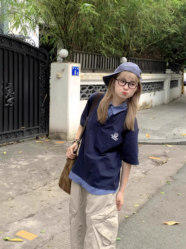 

Ретро-футболка в американском стиле с клетчатым принтом, свободная повседневная футболка, летняя, в студенческом стиле, модная, молодежная, универсальная