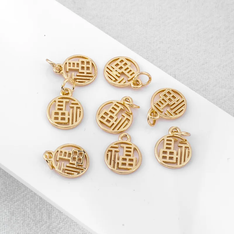 18K Copper Matte Gold Plated Double Sided Hollow Fortune Blessing Charms DIY Jewelry Making Findings