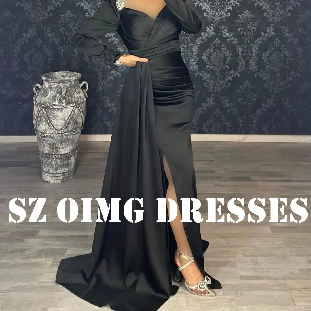 

OIMG New Design Sweetheart Long Sleeves Prom Dresses Saudi Arabic Women Mermaid Sequined Satin Evening Gowns Formal Party Dress