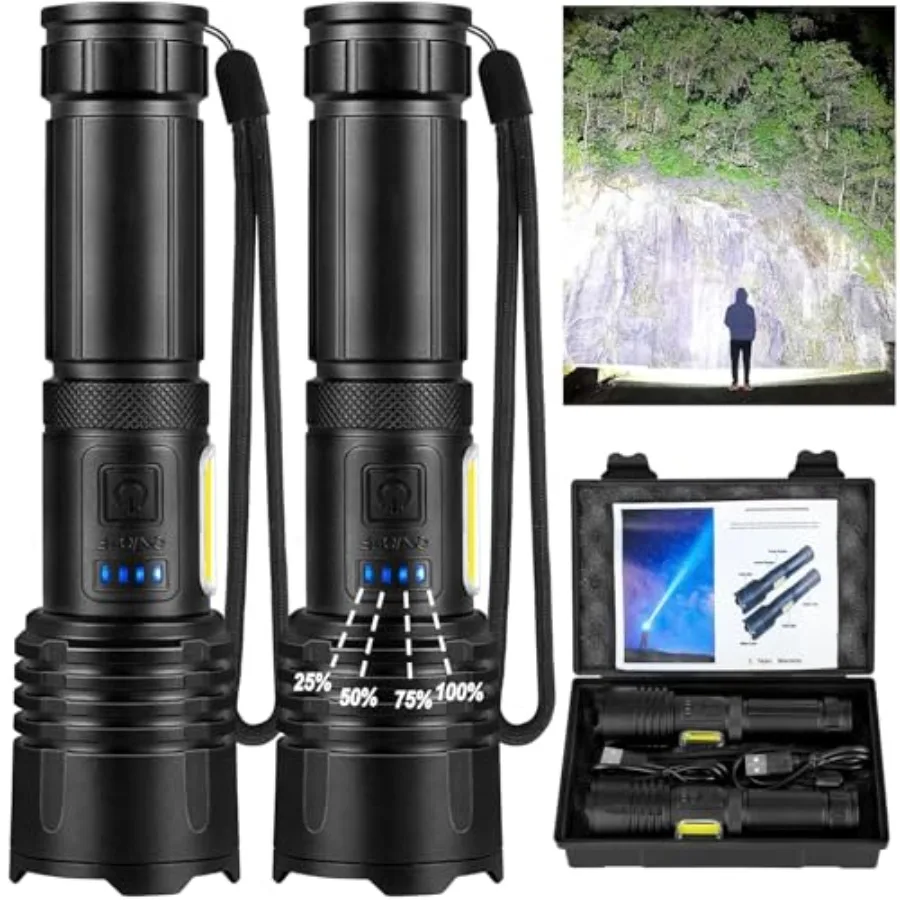Rechargeable Flashlights High Lumens, 2 Pack 90, 000 LM Super Bright LED Flashlight with COB, 7 Modes, IPX7 Waterproof, Powerfu