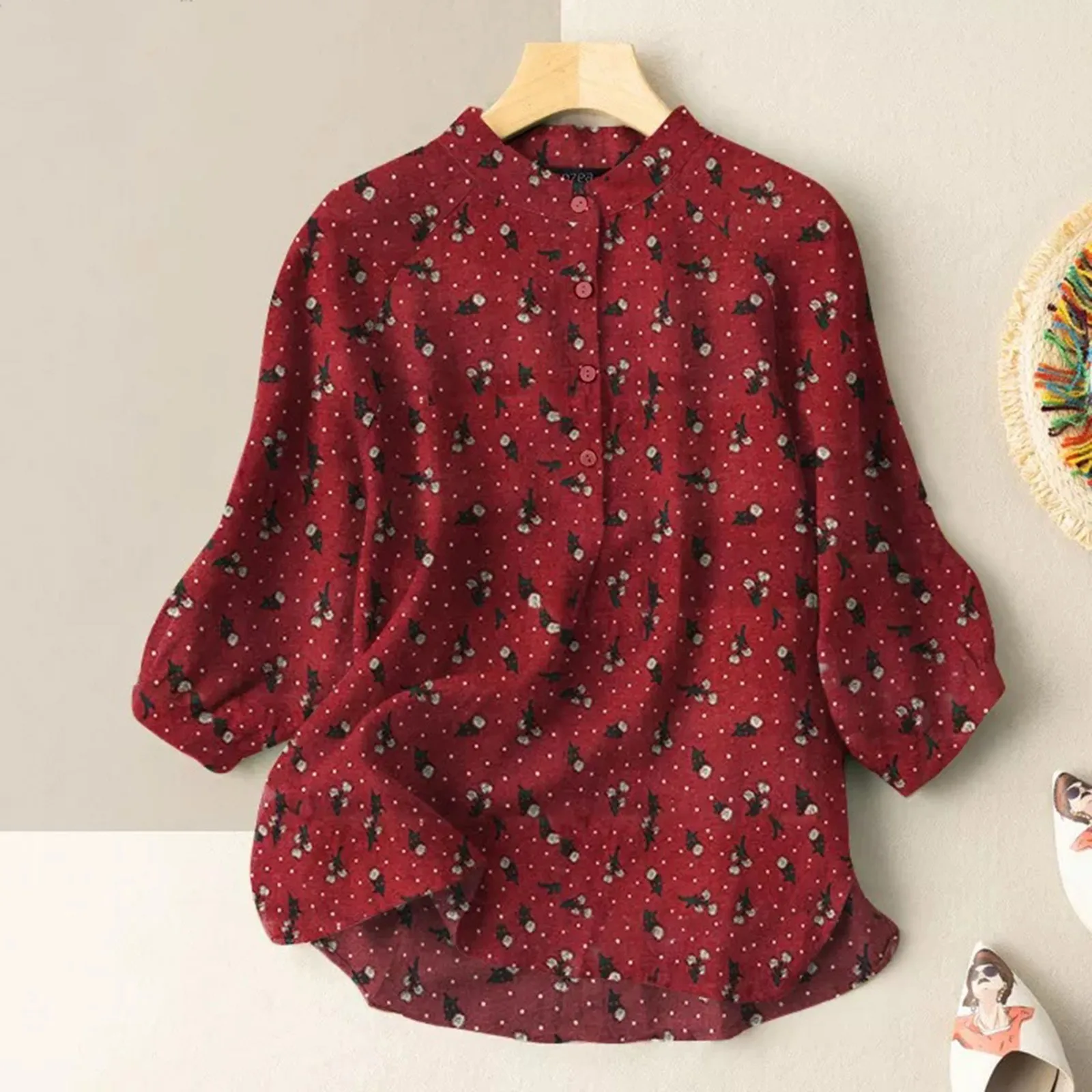 

Women Floral Printed Blouse Dots Stank Button Long Sleeve Loose Fit Elegant Shirt Clothes Summer Streetwear Vacation Smock Tops