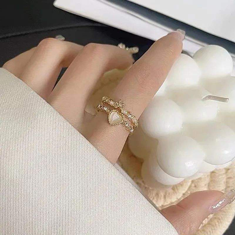 Y2K Pink Crystal Irregular Heart Ring Vintage Shiny Zircon Opal Love Open Ring for Women Kpop Punk Girl Party Jewelry Xmas Gifts