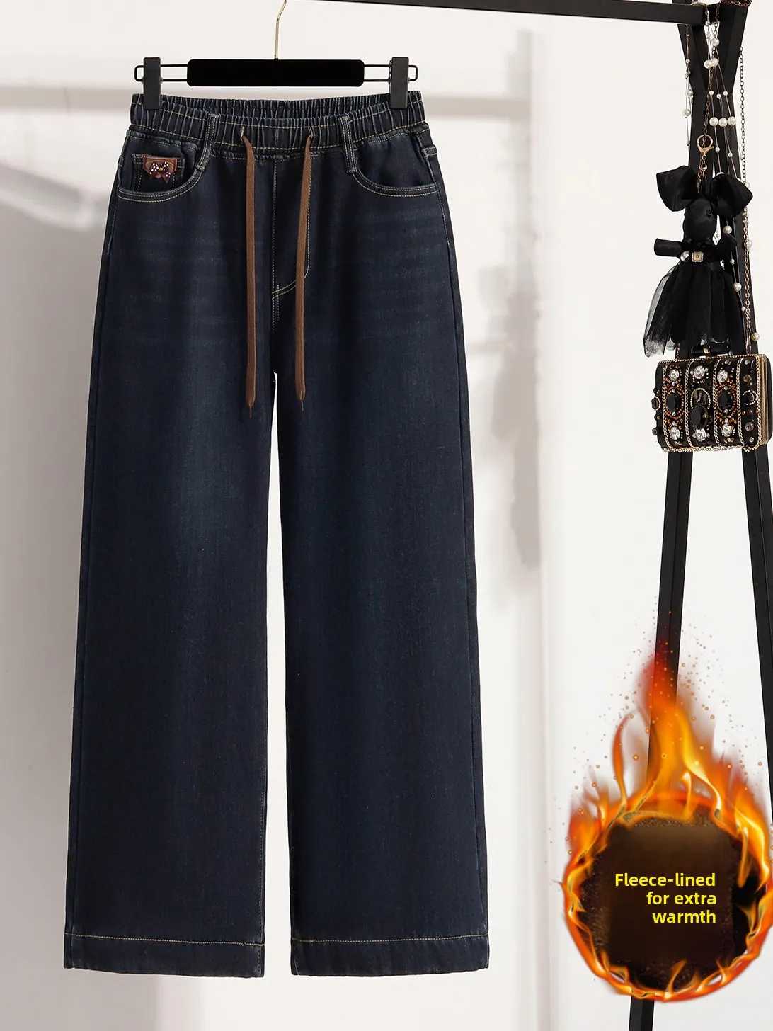 

Джинсы прямого кроя Thiened Fce, женские повседневные свободные брюки с завязками на талии, утягивающие, осенне-зимние, широкие брюки