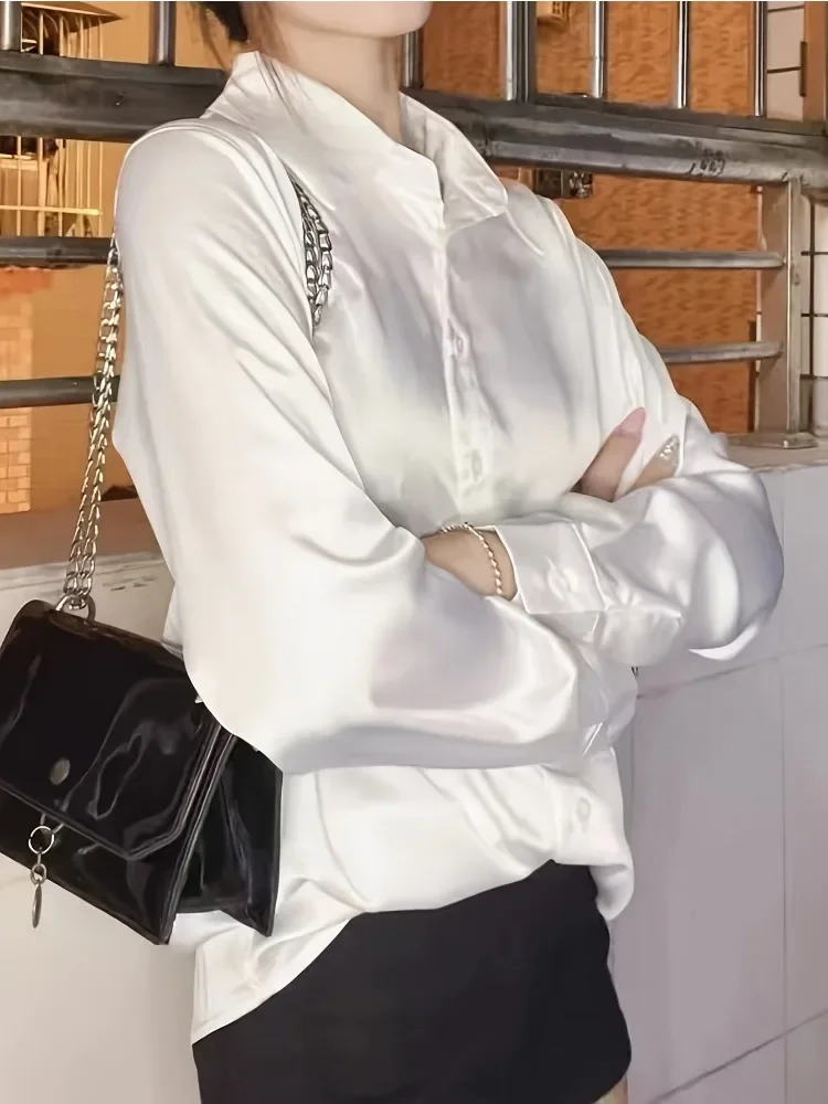 Повседневная женская шелковая рубашка больших размеров, новинка 2025 года, модная свободная блузка на пуговицах с длинными рукавами, женский элегантный топ, офисные ацетатные рубашки
