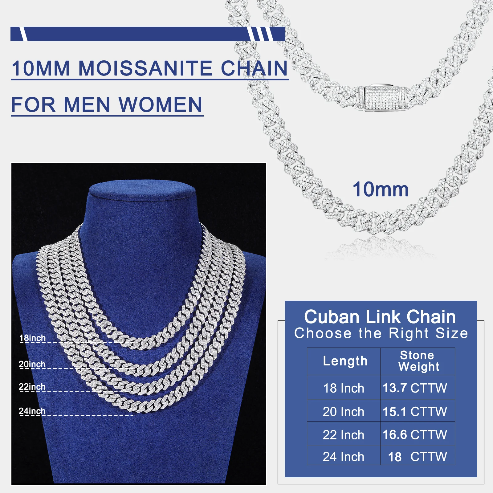 Diamond Tester Pass 8mm 10mm 12mm 14mm Moissanite Cuban Link Chain 18K Gold Plated 925 Sterling Silver Waterproof Necklace.