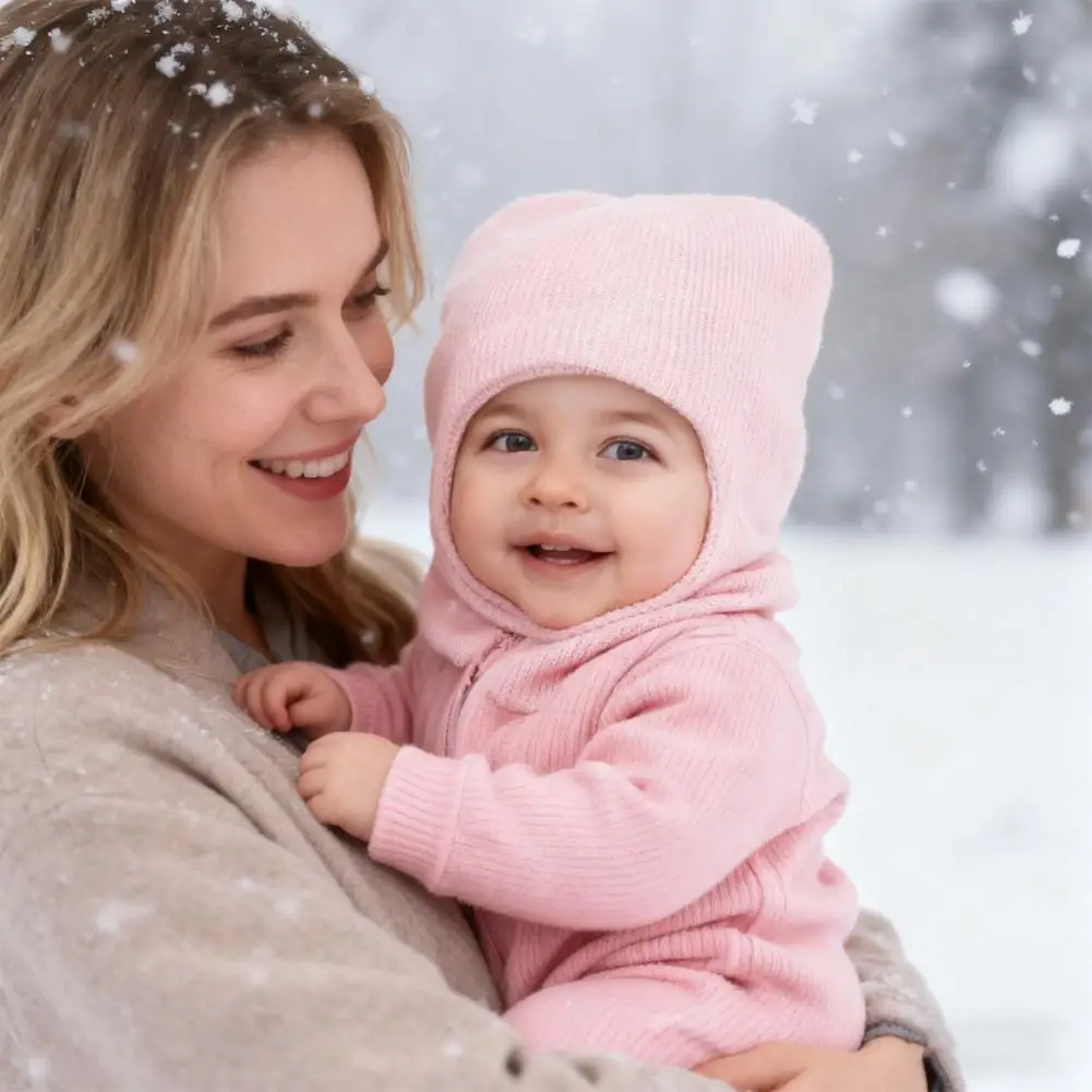 3-12Y Autumn And Winter Double-ball Pullover Cap, Children's Ear-protecting One-piece Cap, Solid-color Cute Woolen Hat