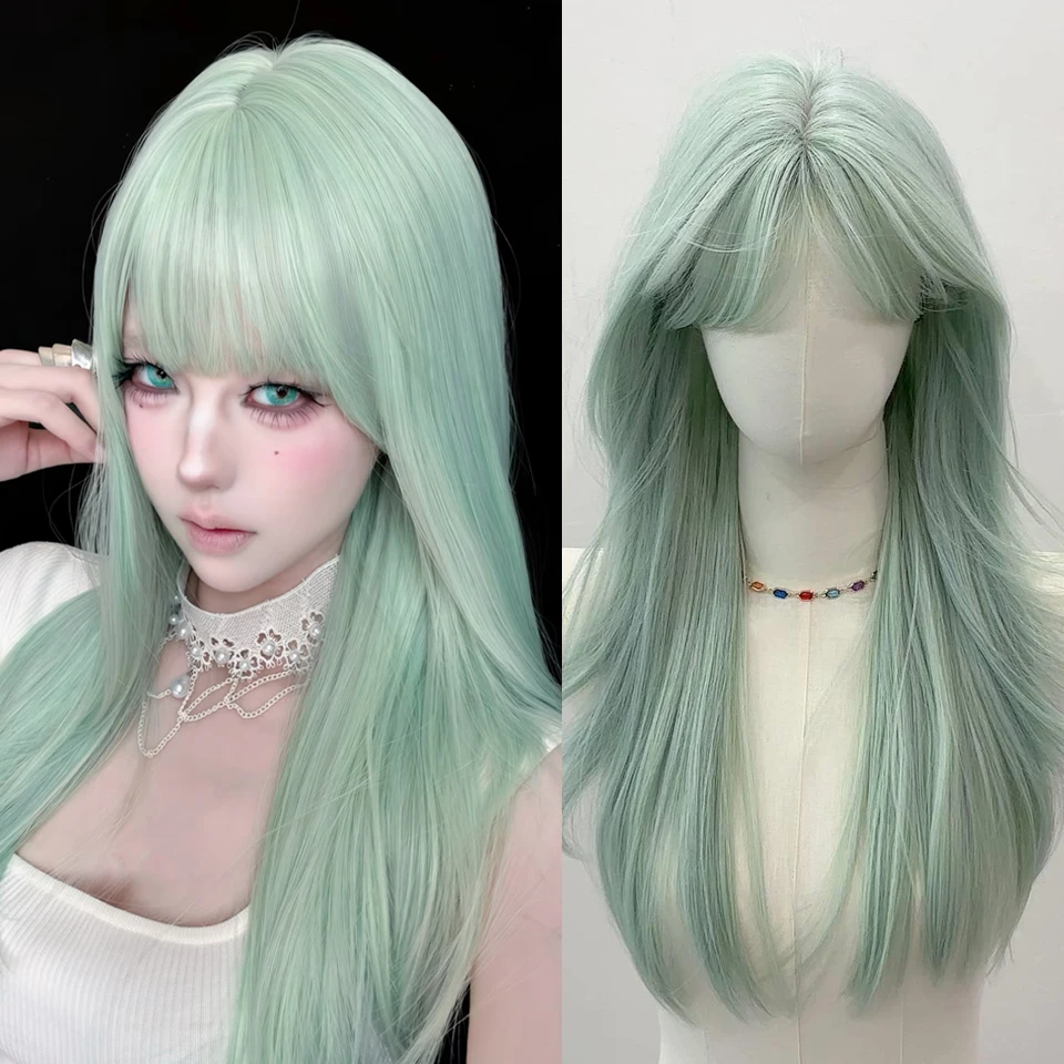 Long Mint Green Synthetic Wigs For Women Heat-Resistant Lolita Cosplay Daily Party Natural Wig White Orange Blue Halloween Wigs