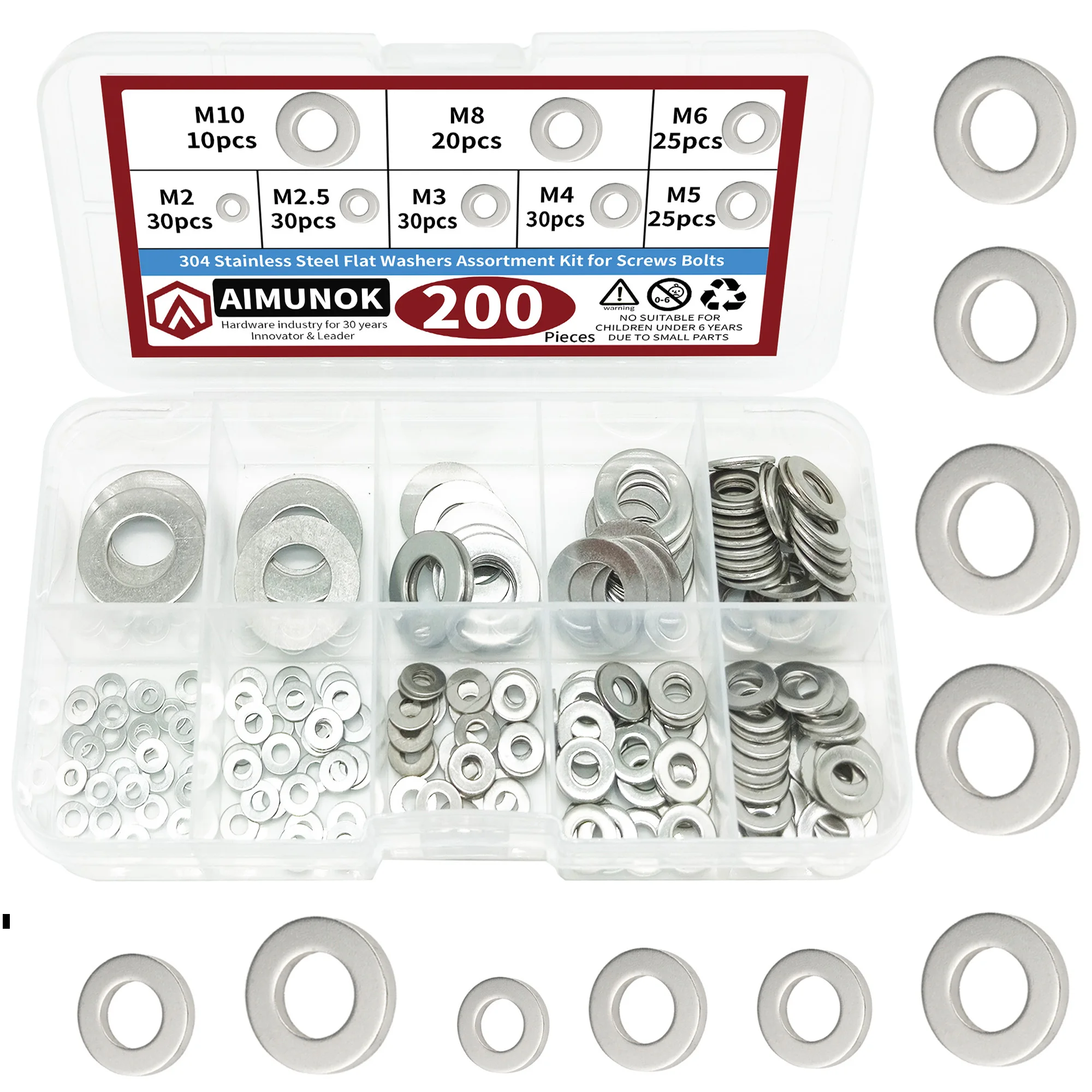 

200pcs M2 M2.5 M3 M4 M5 M6 M8 M10 304 stainless steel flat washers assortment kit for screws bolt Fasteners Tools Repair kit