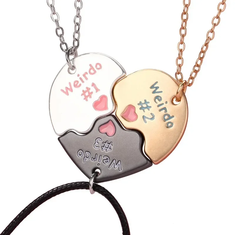 Lovecryst 3Pcs/set Heart-shaped Stitching Letter Weirdo 1 2 3 Best Friend Friendship Necklace for Girls BFF Jewelry Gift