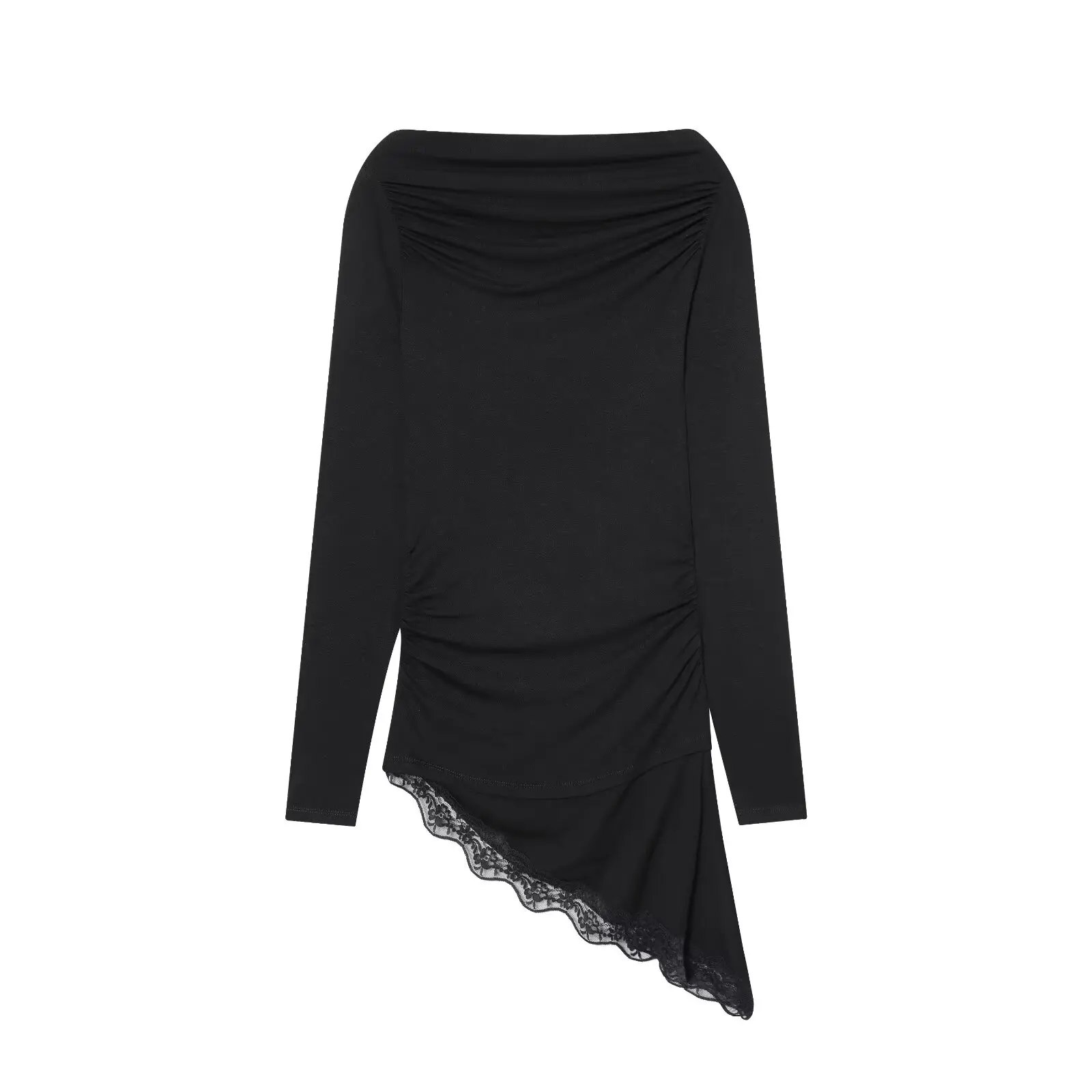 HH Woman Spring Fashion Boat Collar Long Sleeves Asymmetrical Hem Folds Lace Decoration T-shirt Female Elegant Chic Casual Tops