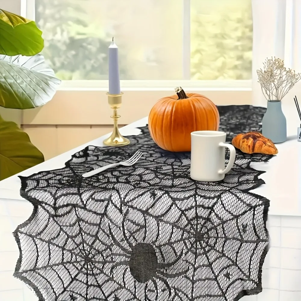 Translucent Spider Web Black Lace Table Runner Mesh with Spider Pendant Halloween Table Cover Long Strip
