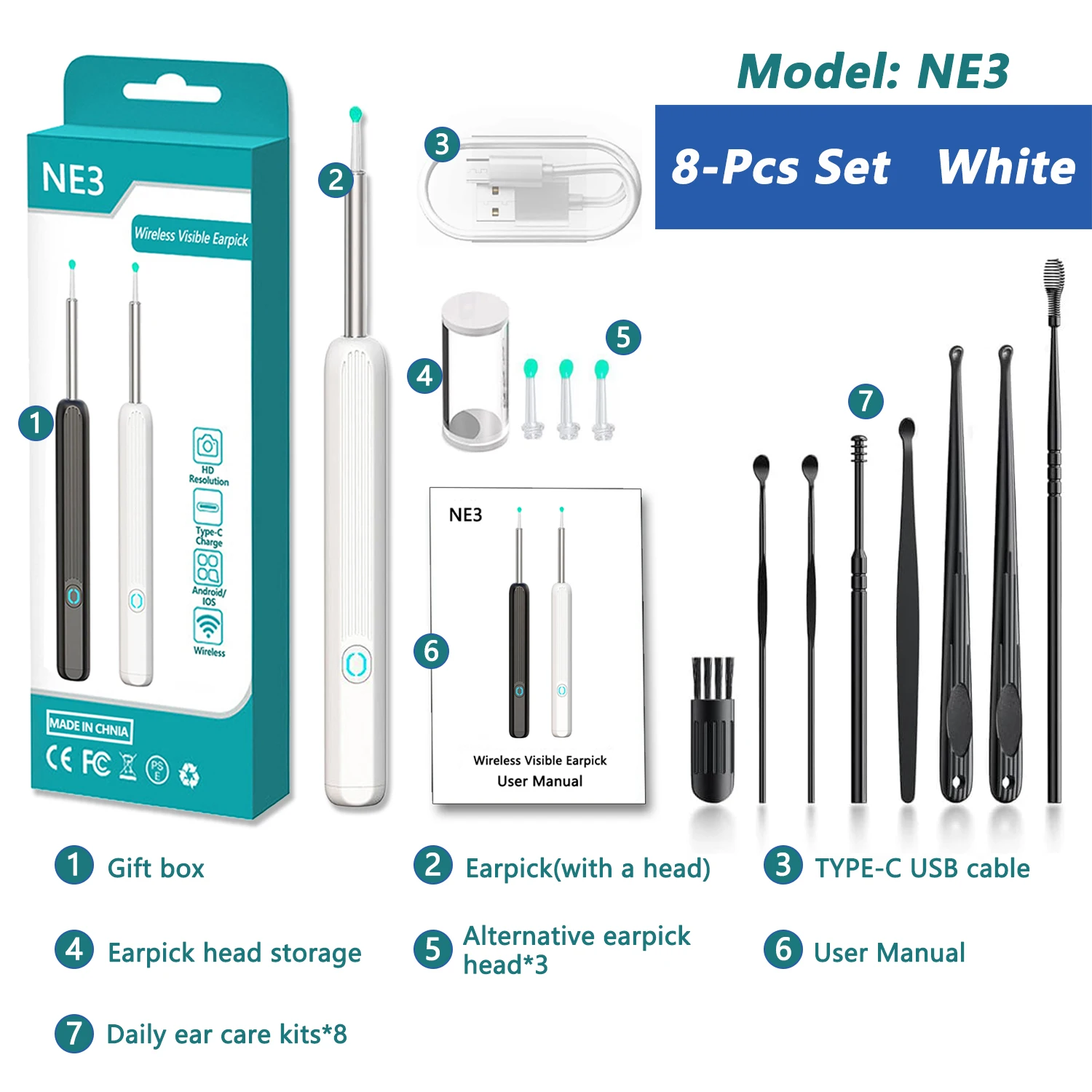 Slimme visuele oorreiniger HD Oorstokken Otoscoop USB C Opladen Endoscoop Wax Removal Tool Earpick MIni Camera Gezondheidszorgset